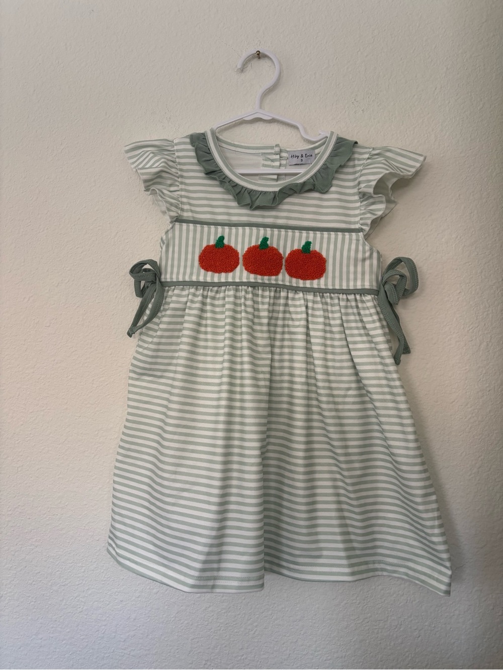 Sage Striped Dress with Pumpkin Appliqués